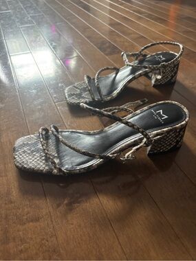 Marc Fisher Snake-Print Strappy Block Heel Sandal in Tan and Black